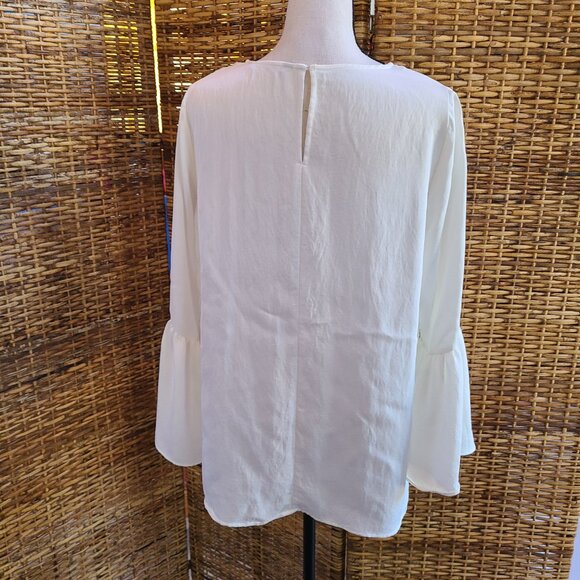Zara Basic Satin Blouse White Long Sleeve Bell Sleeve SZ XL Keyhole Back Boho - Picture 4 of 6
